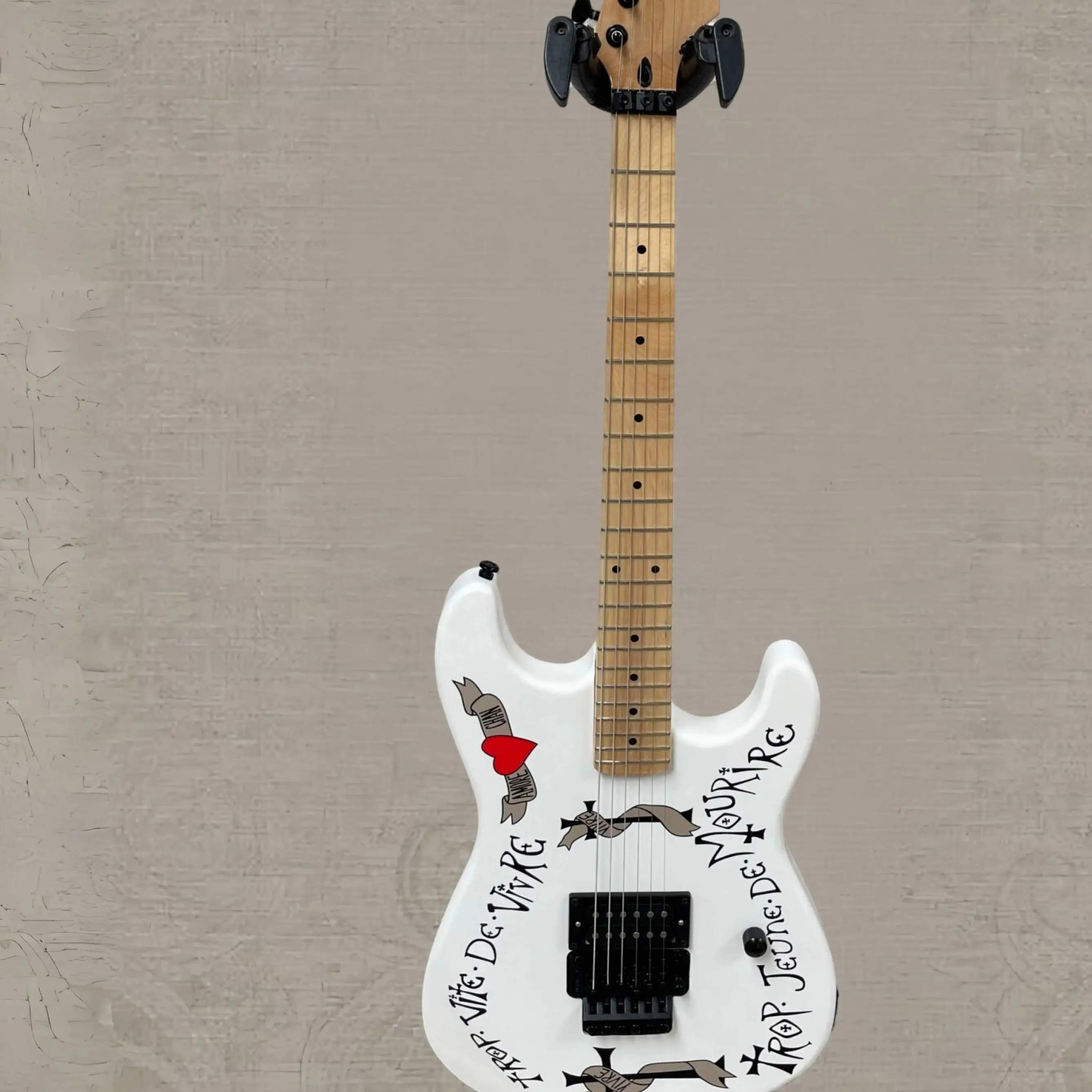White Solid Body Electric Guitar with Graphic Print, Single Humbucker Pickup, Double Locking Tremolo Bridge
