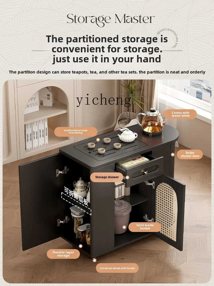 

TQH retro rock slab movable tea table Kung Fu tea making kettle integrated tea table sofa side cabinet
