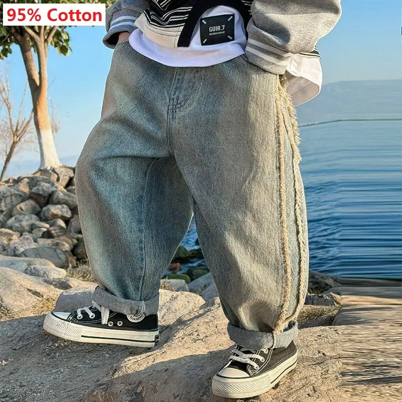 Teens Kids Streetwear Pants Boys Korean Childrens Clothing 2025 Spring New Trousers Straight Cylinder Causal Jeans Elastic Waist