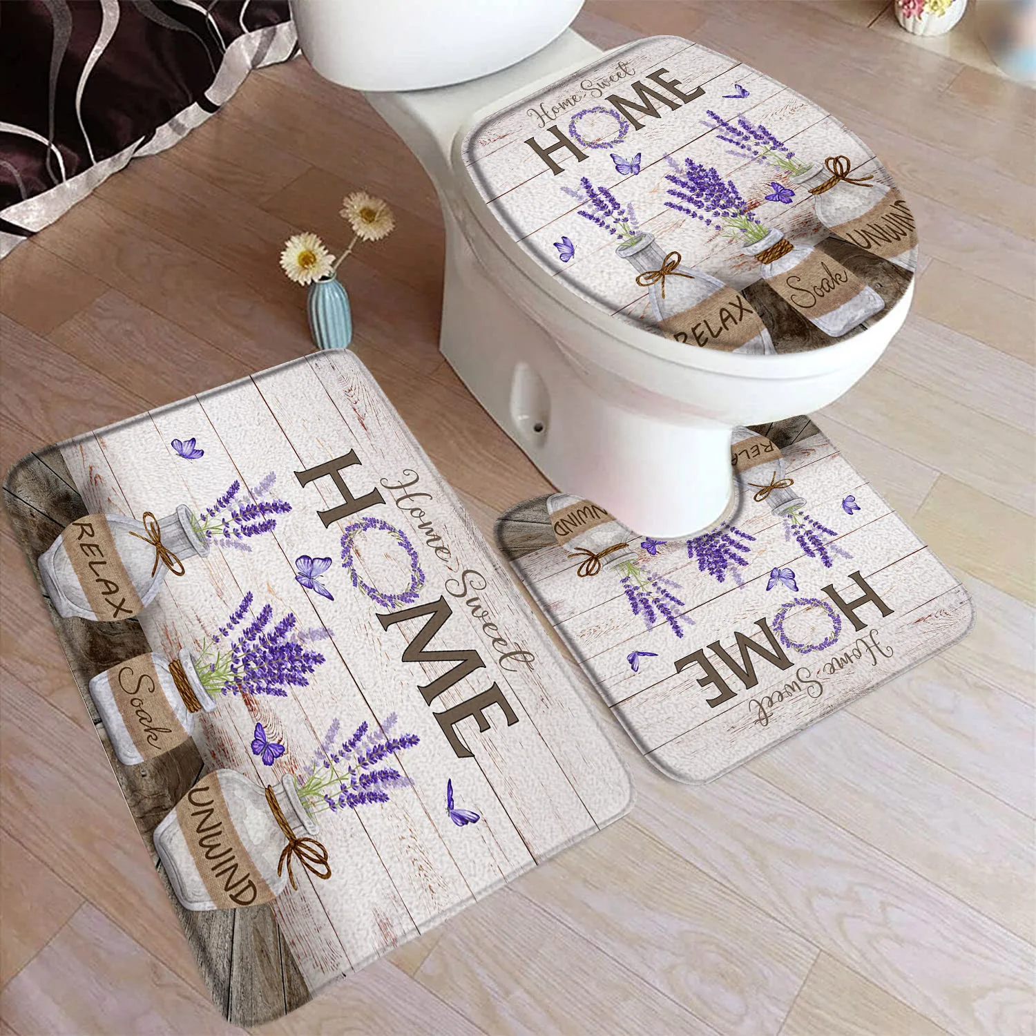 Purple Lavender Bath Mat Set Country Plank Butterfly Plant Floral Home Carpet Bathroom Decor Floor Rugs U-Mats Toilet Lid Cover