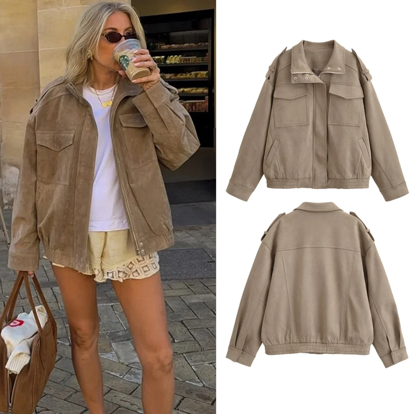 

Women Suede Jacket Coat 2025 Fall Winter Fashion Long Sleeve Zipper Loose Coat Chic Female Leisure Streetwear Leather Outerwear