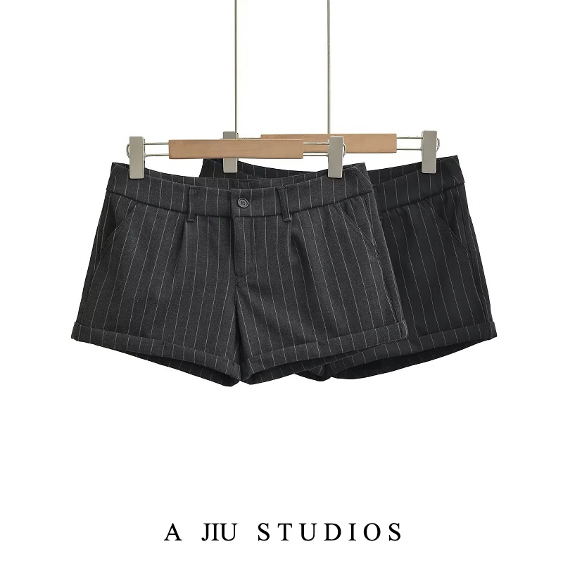 

Low Waist Suit Short Pants Women's Summer Slimming Commute Casual Hot Pants Vertical Stripes Brandy Melville Style Straight Leg