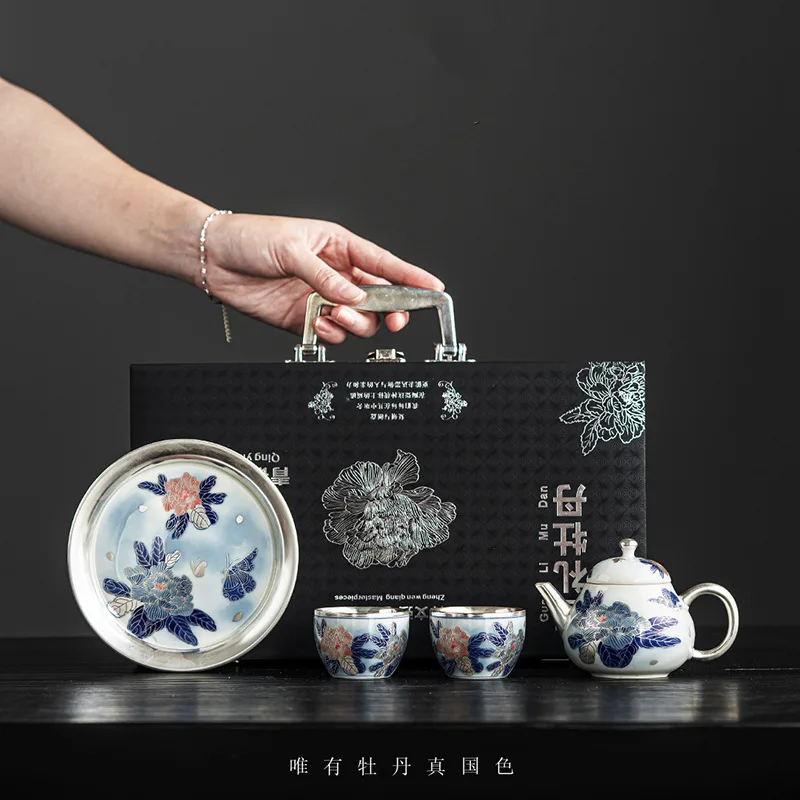 

Gilt Silver Tea Set Filigree High-End Light Luxury Peony Silver Teapot Tea Cup Gaiwan Chinese Kung Fu Tea Set Gift Box