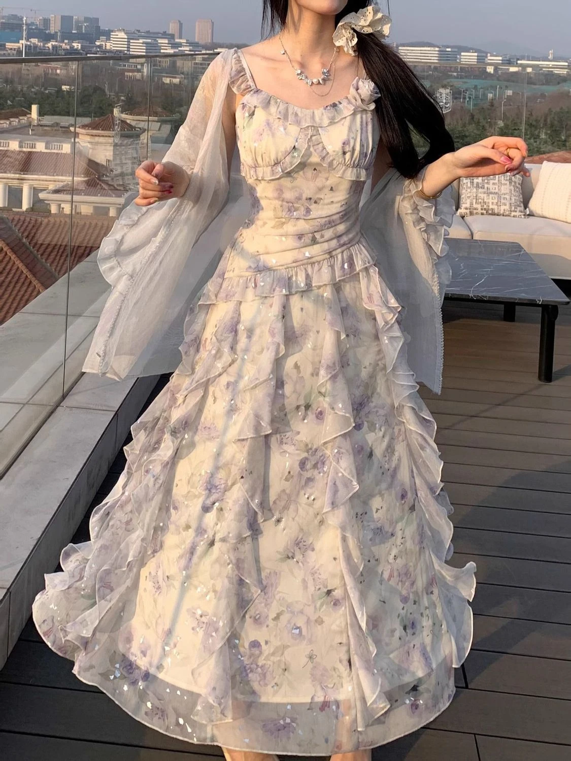 Evening Party Vestidos Female One Piece Dress French Fashion Vintage Printed Fairy Ruffles Midi Dresses Women Autumn New A-Line