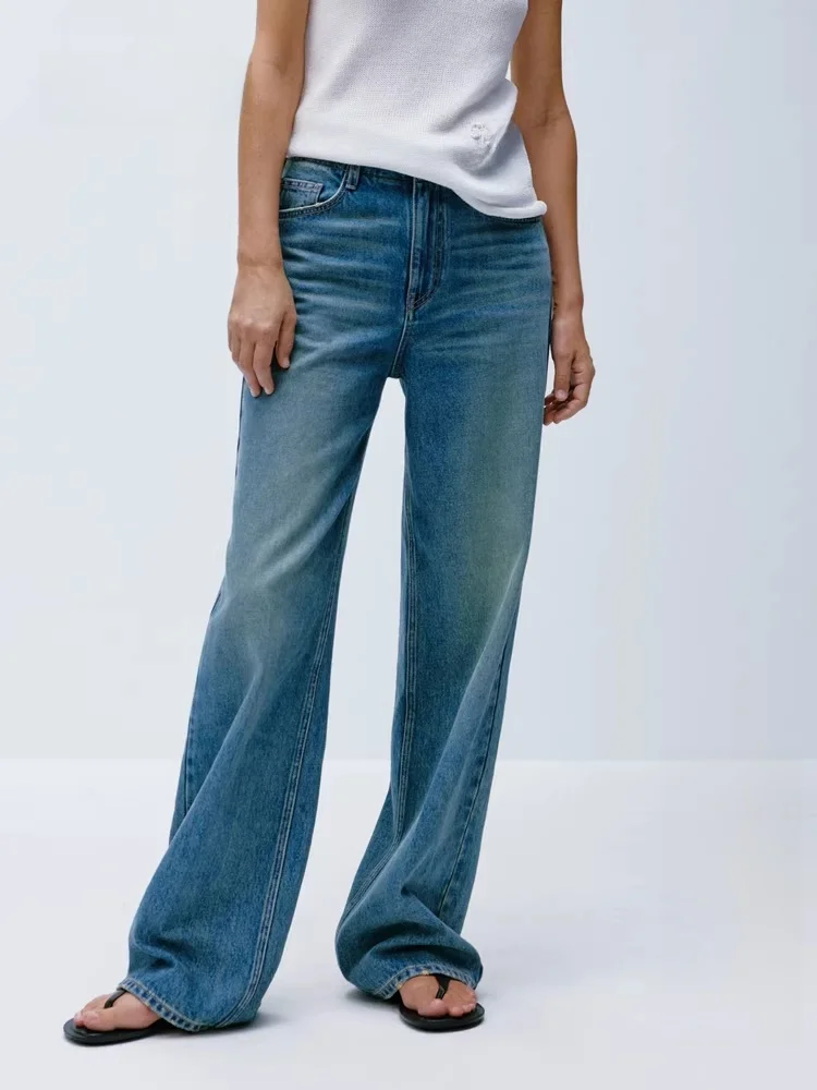 

Новая летняя коллекция: женские джинсы прямого кроя из хлопка с свободным низом, серия P, EBD2JEN023, премиум-деним, длинные брюки с естественной талией