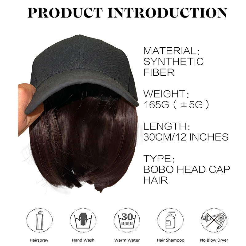 Synthetic Bob Hat Wig Women\'s Black Cap Sun Hat Short Straight Hair Extension Daily Wear Heat-resistant Baseball Cap Adjustable