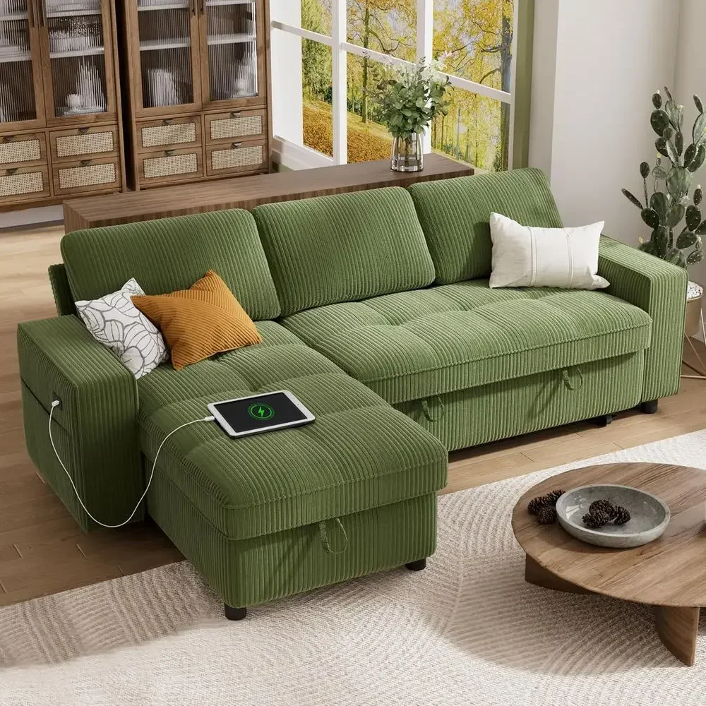 Green L-Shaped Corduroy Sectional Sleeper Sofa with Reclining Backrest, Storage, and USB Charging