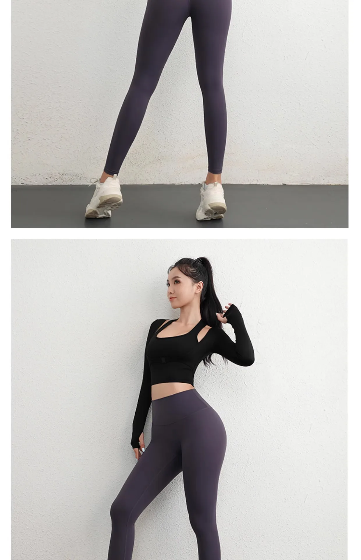Herbst Sport Damen Oberteile Modische Langarm-Trainings-Tops mit Daumenlöchern Fitness Crop Yoga-Top – Detail 33