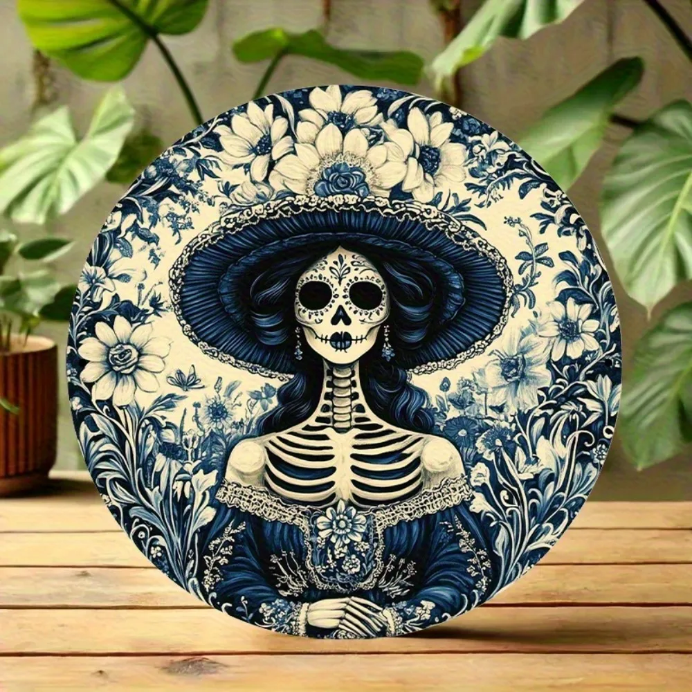 لوحة فنية جدارية من الألومنيوم مستديرة مسطحة ثنائية الأبعاد من La Catrina - فستان أنيق بهيكل عظمي مزين بالزهور، موضوع يوم الموتى، ديكور المكتب المنزلي