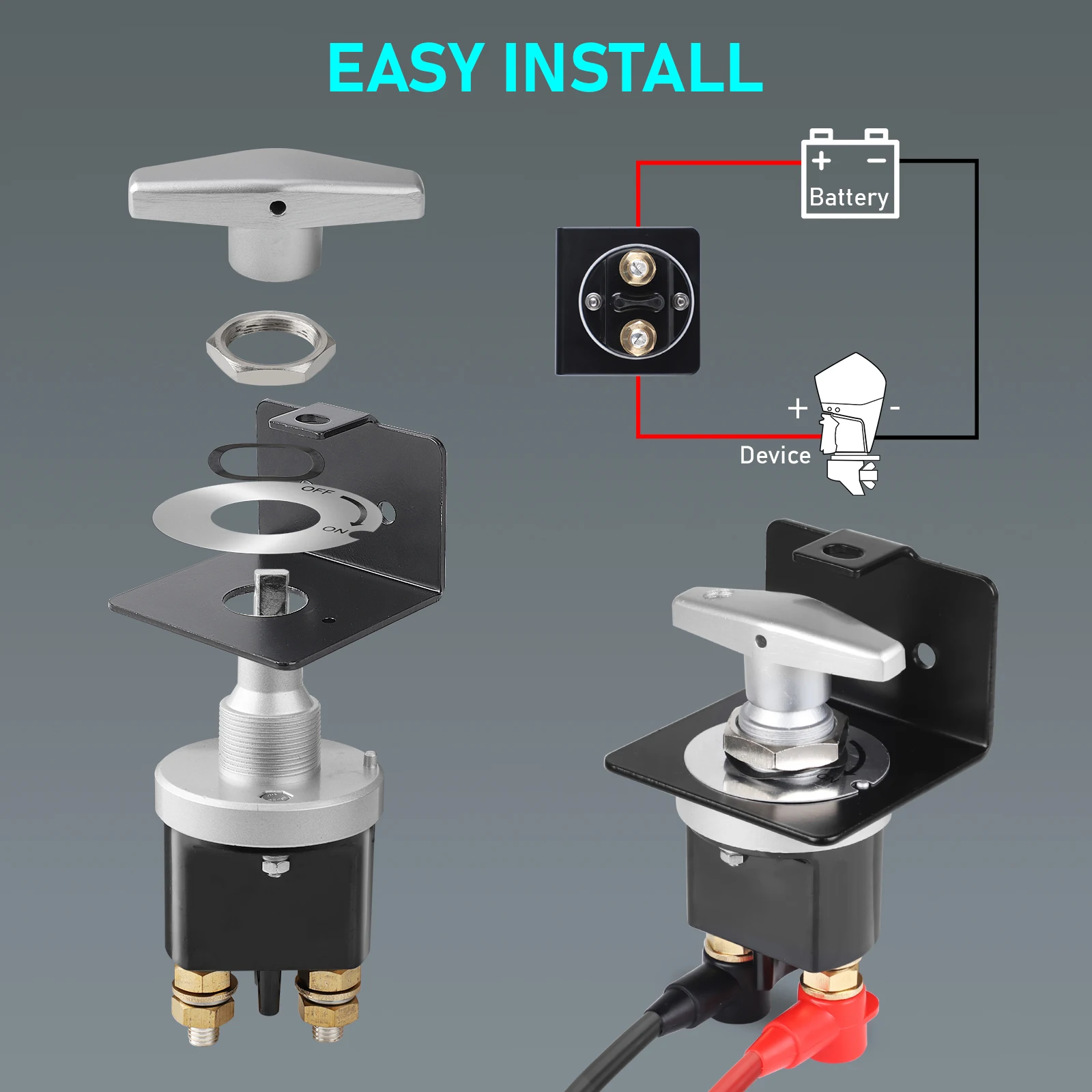 Akkuschalter-Isolatorplatte für Minuspol, passend für Autos, Boote, Wohnmobile, 1500A, Hochleistungs-Batterietrennschalter mit festem Griff – Detail 4