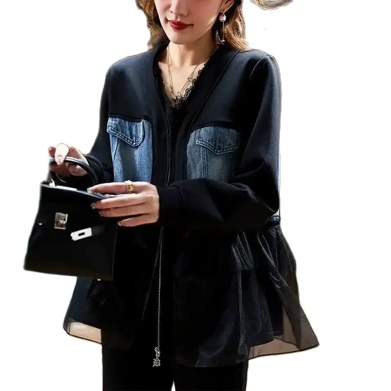 Spring Autumn Short Denim Join Together Coat Women 2024 New Fashion Loose Casual Jacket Black Gauze Temperament Outerwear Female