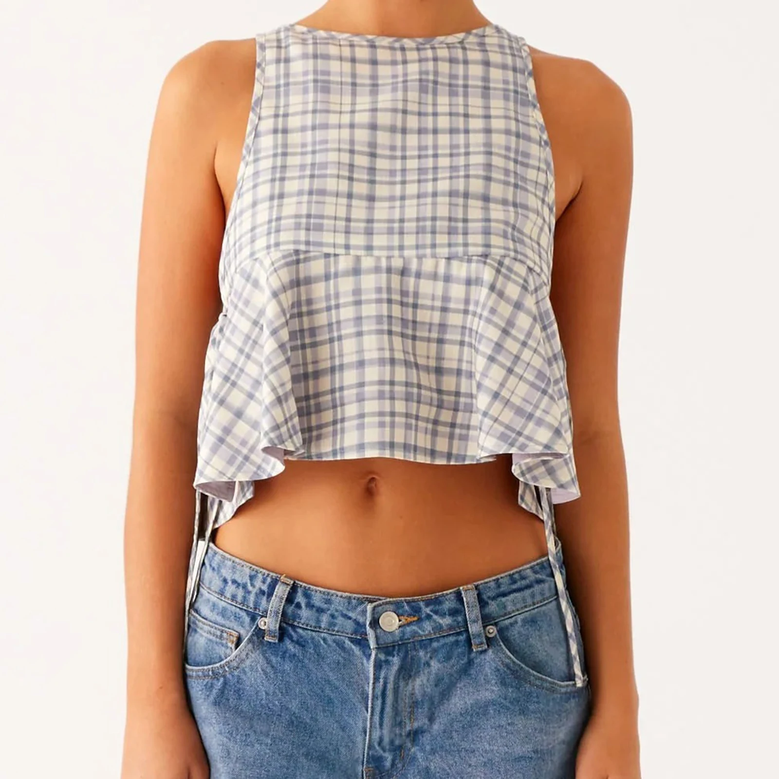 New Fashion Womens Summer Plaid Print Vest Sleeveless Round Neck Trendy Side Tie Up Tank Tops Club Street Style S M L