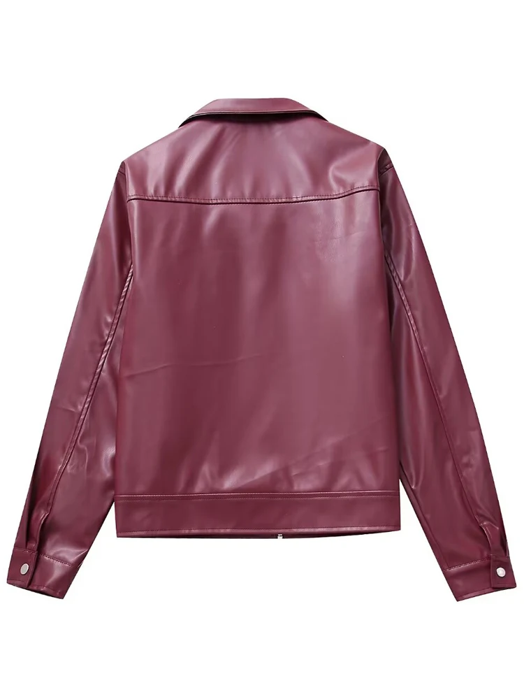 Streetwear Women\'s Faux leather jacket purplish red 2024 Spring Autumn Oversize Zip motorcycle Jackets Lady Coat Fashion 3O370