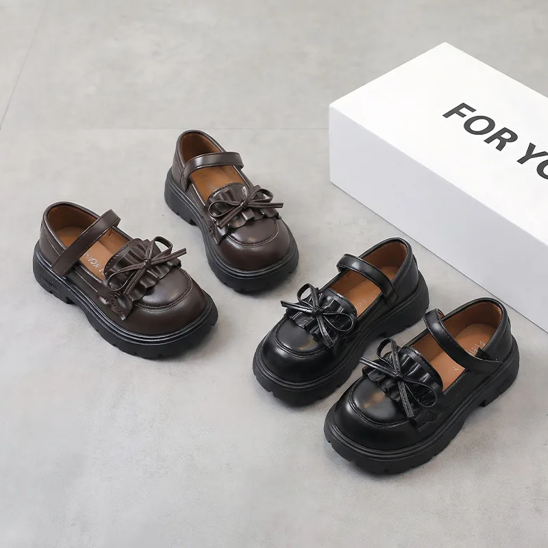 Children Leather Shoes Lolita Bow Girls Princess Mary Jane Shoes with Ruffled Edge School Perform Kids Uniform Shoes Black Brown