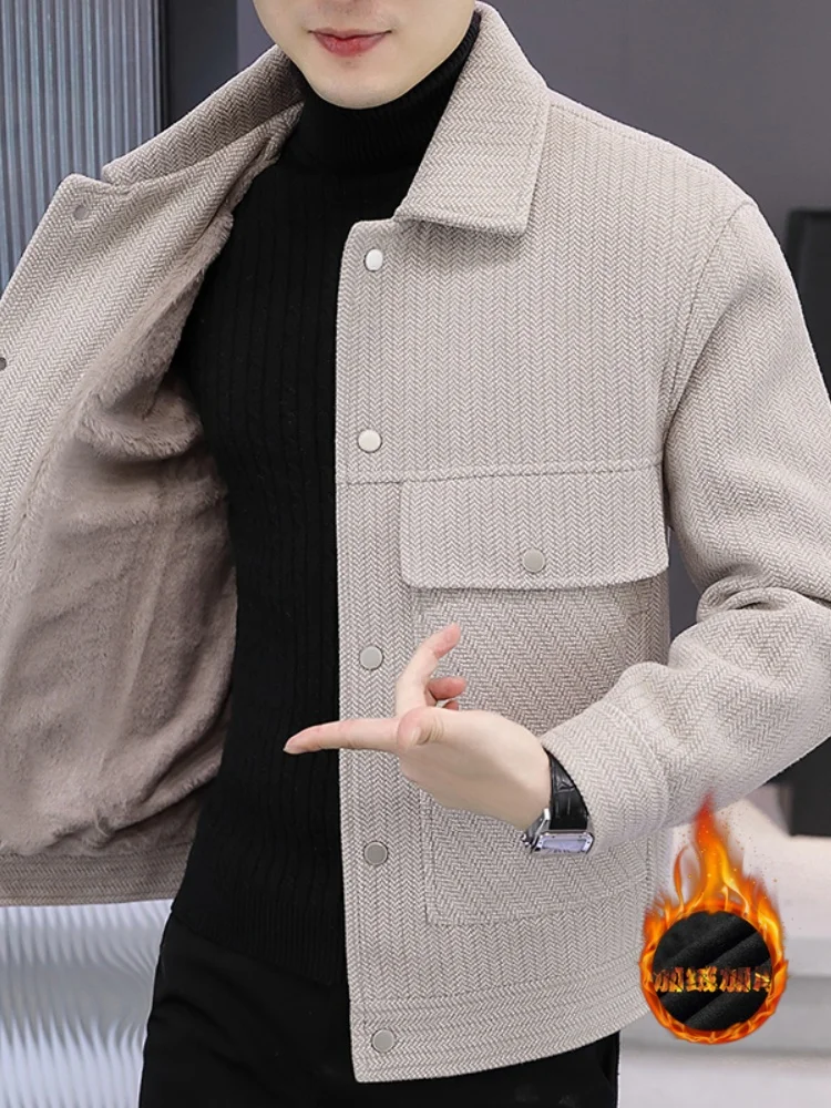 

Мужское шерстяное пальто для осени и зимы, утепленное, повседневное, короткое, из высококачественного полиэфирного волокна со спандексом, эластичное, деловое