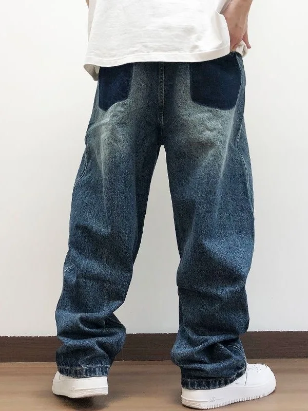 

Retro American Waed Denim Jeans Men's Loose Straight Casual Long Trousers Autumn New Sle Basic Faded Jeans Youth Trend