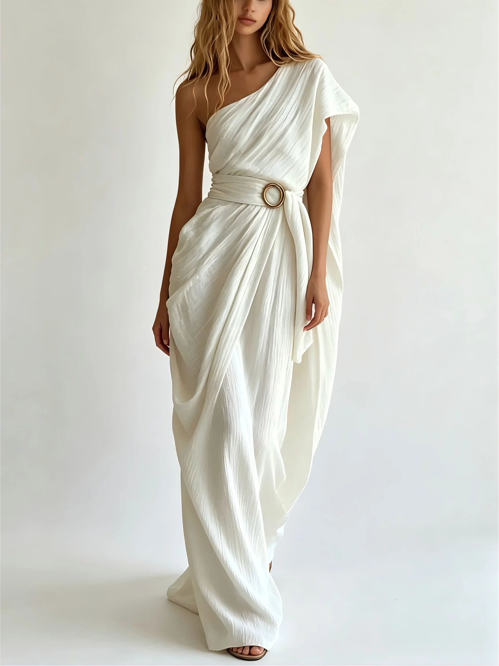 Women One Shoulder Draped Maxi Dress With Waist Belt Elegant Solid White Flowy Long Gown