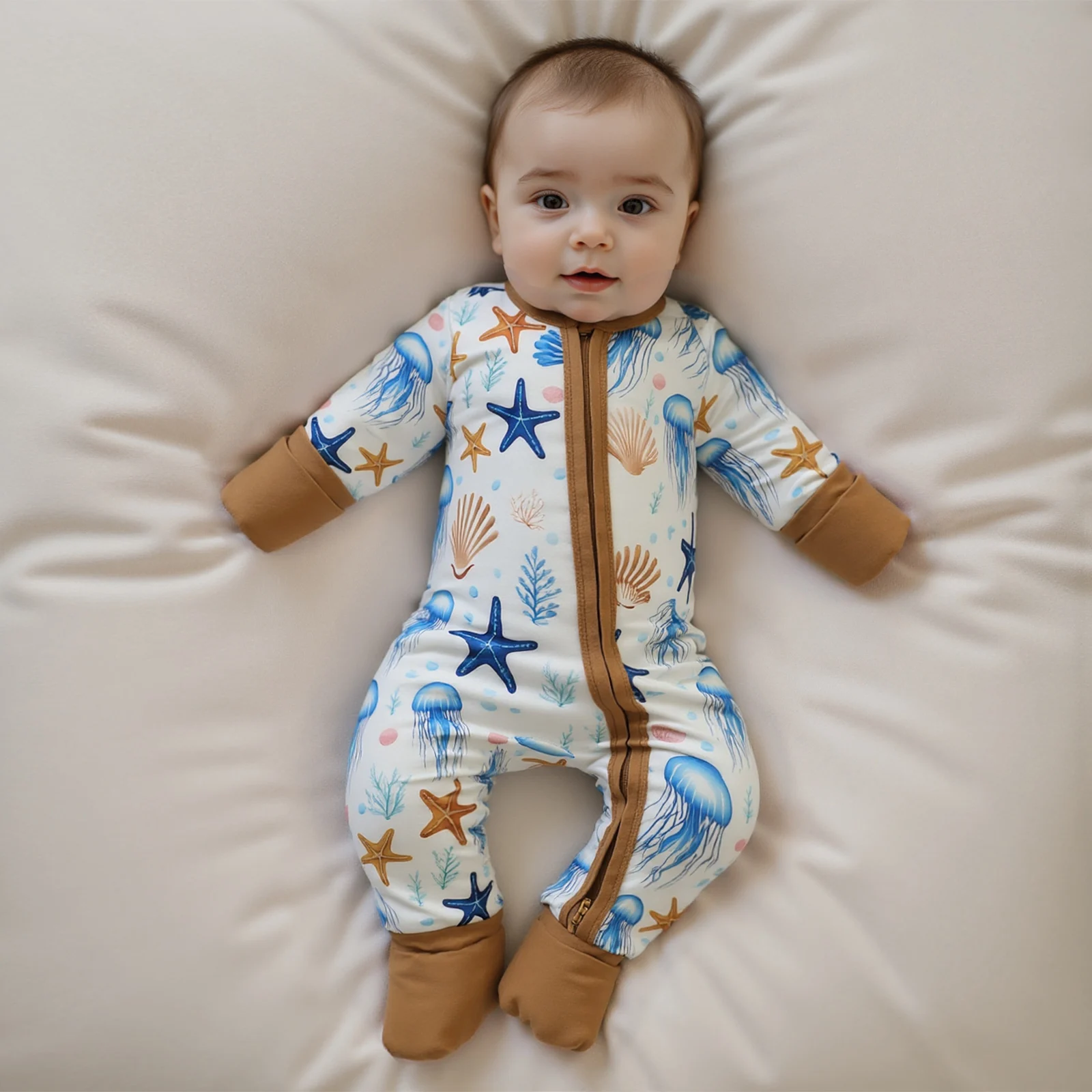 ملابس عيد الميلاد للأطفال الصبي رومبير نجم البحر طباعة كم طويل رقبة مستديرة كامل طول البريدي بذلة ملابس حديثي الولادة