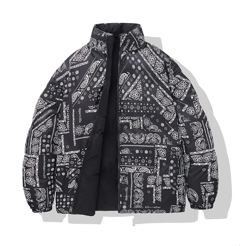 Bandana Print Winter Jacket Men 2 Side Wearable Padded Thick Warm Paisley Coat Man Elegant  Hiphop Punk Male StreetwearA1
