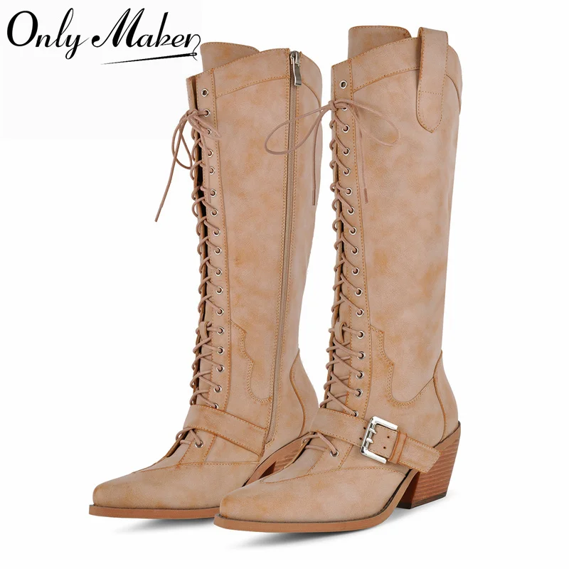 Onlymaker Vintage Beige Faux Leather Knee High Western Cowboy Boots Pointed Toe Lace Up Side Zipper Chunky Block Heel Boots