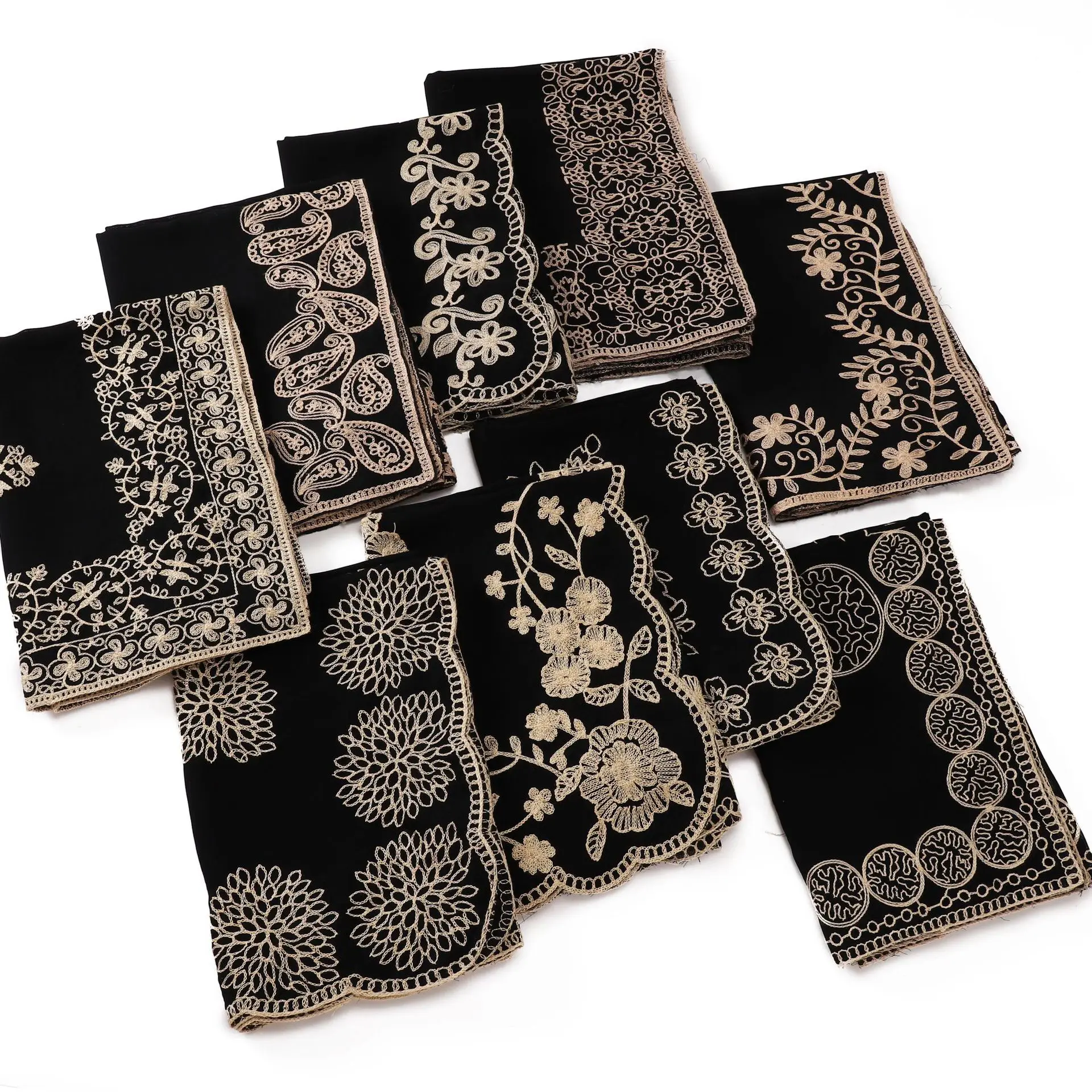 

Classic Black Embroidered Pattern Long Shawl Headscarf Chinese Ethnic Style Four-sided Embroidery Curved Edge Women's ShawlScarf