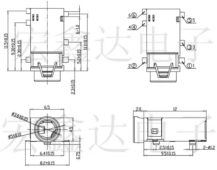 Soquete de áudio de 200mm para fones de ouvido, soquete de superfície montado de 6 pés, canal duplo, banhado a ouro pj522 com 3.5 peças