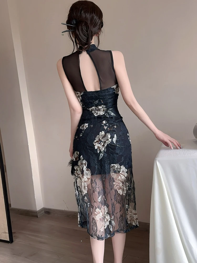 ผู้หญิงเกาหลี Vintage Hepburn ชุดราตรีหรูหราฤดูร้อนสีดํา Jacquard ดอกไม้ Hollow Out ชุดเซ็กซี่ 2025 Elegant Bodycon Dress