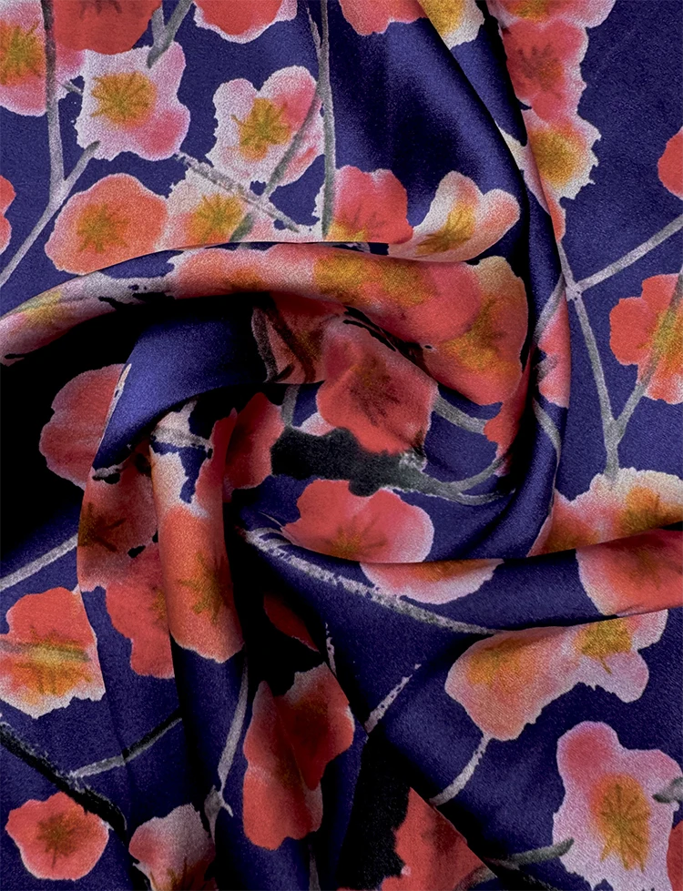 1 meter 95% Mulberry Silk 5% Spandex 20 Momme Charmeuse Fabric Blue with Floral Printed 108cm 42
