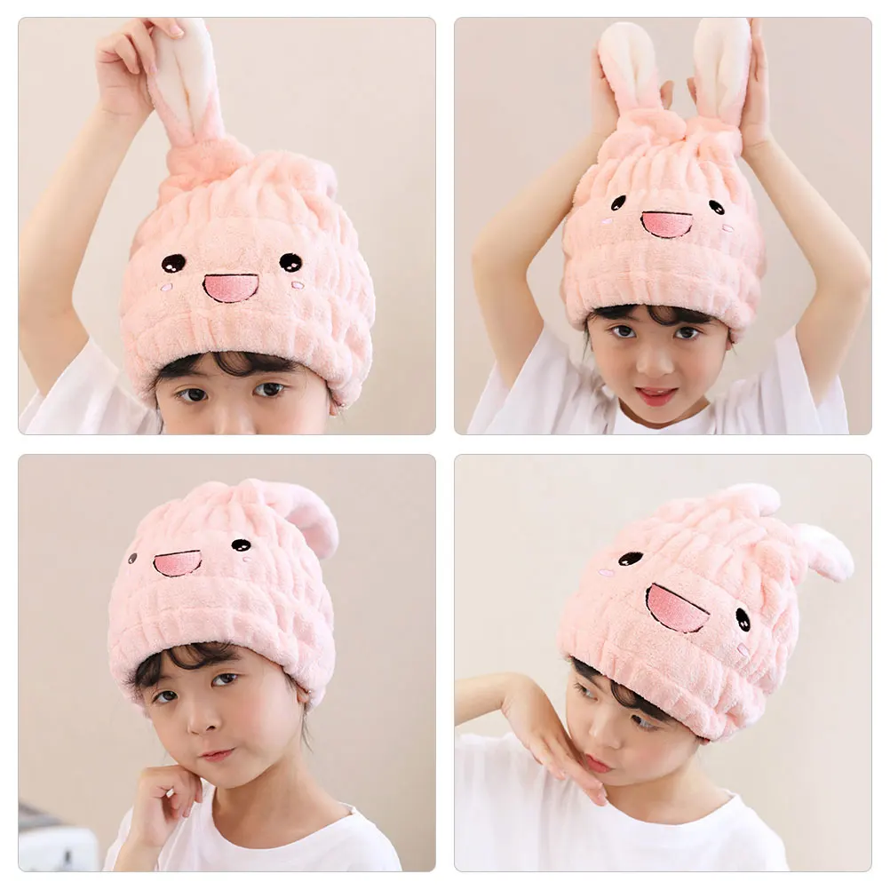 

2pcs Dry Hair Towel Shower Cap Thick Soft Cartoon Bunny Ears Kids Drying Bonnet Rapid Hair Towel Microfiber Turban