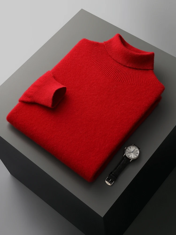 Autumn Winter Men Sweater Long Sleeve Turtleneck Pullover 100% Merino Wool Warm Solid Cashmere Knitted Basic Casual Clothes Tops