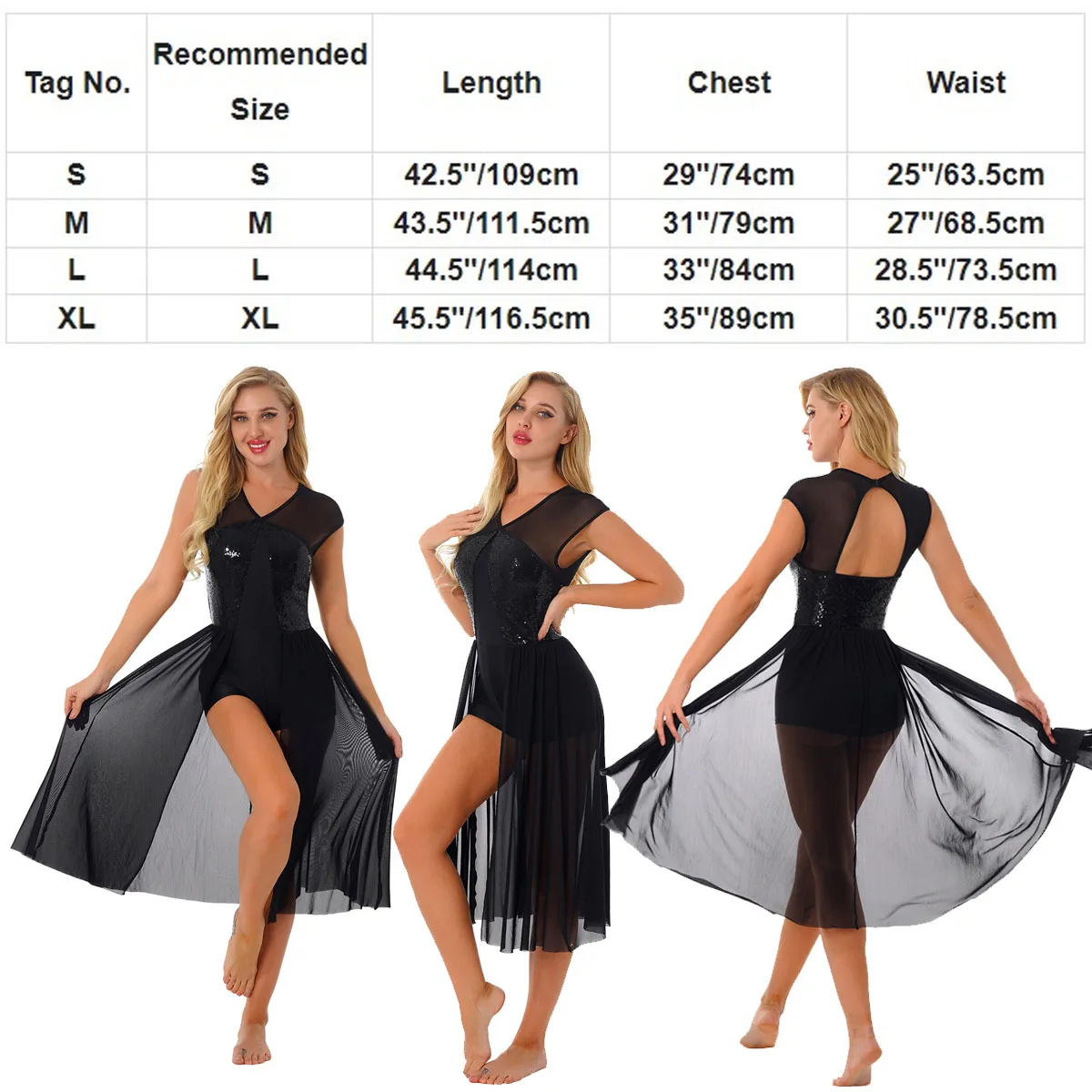 Womens Lyrical Dance Dress Sleeveless Splice Modern Contemporary Dance Costume Gymnastics Leotards Mesh Chiffon Ballet Dress