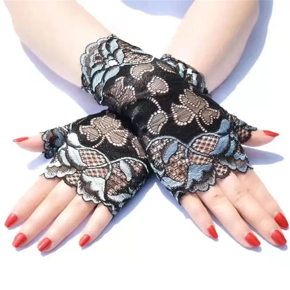 قفازات صيفية رفيعة للحماية من أشعة الشمس للنساء من الدانتيل بنصف إصبع لتزيين المعصم وأداء الرقص البحاري والقيادة العصرية #5