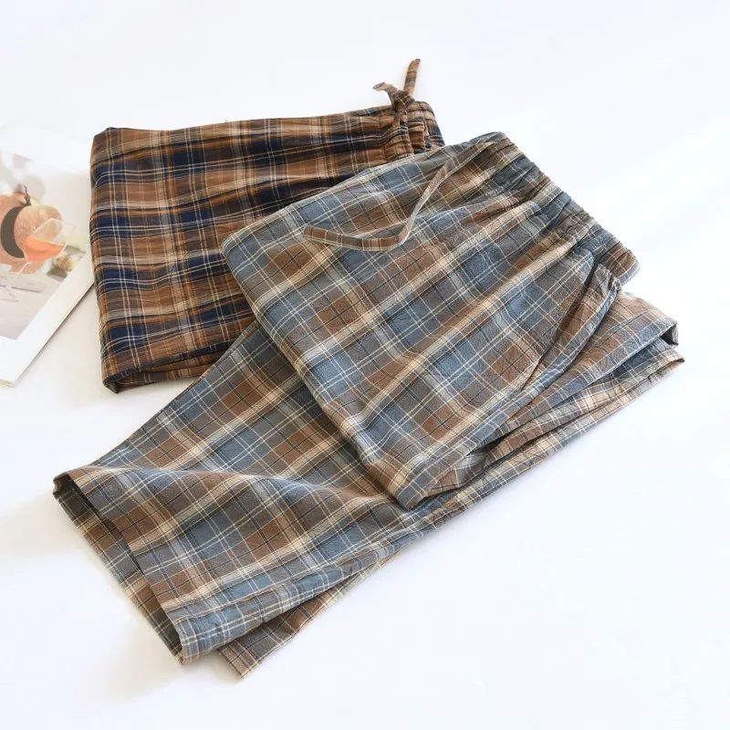 

Весенне-осенние мужские и женские брюки для сна, брюки из 100% хлопка, свободные большие домашние повседневные клетчатые домашние брюки для пар, клетчатые штаны