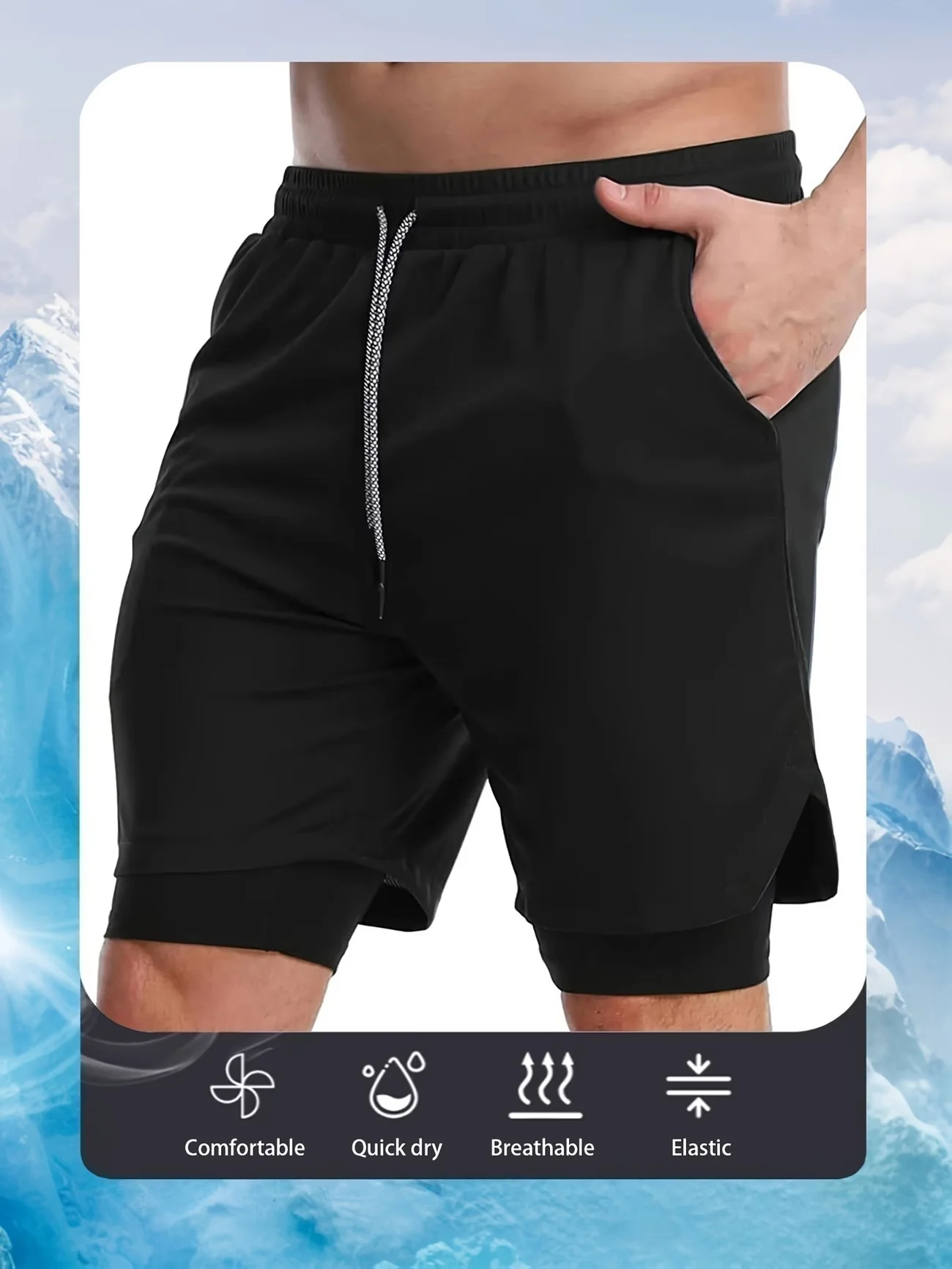 Men's fitness workout set, including a short-sleeve fitness T-shirt and double-layer athletic shorts image 4