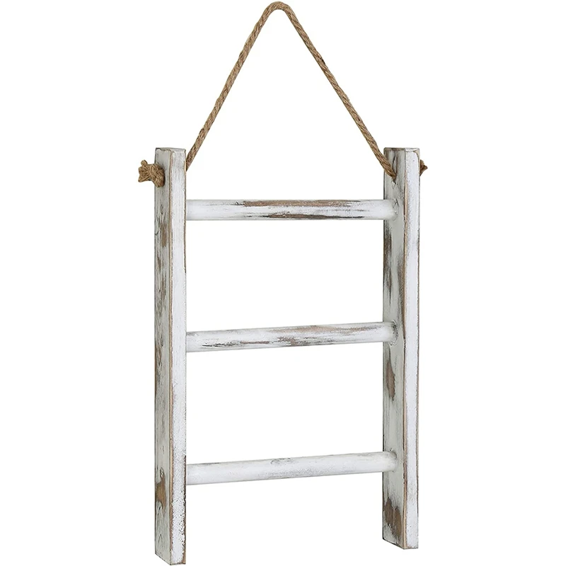 Wall-Hanging Towel Ladder Rustic Whitewashed Wood Countertop Ladder Farmhouse Decor Towels Rack with Adjustable Rope