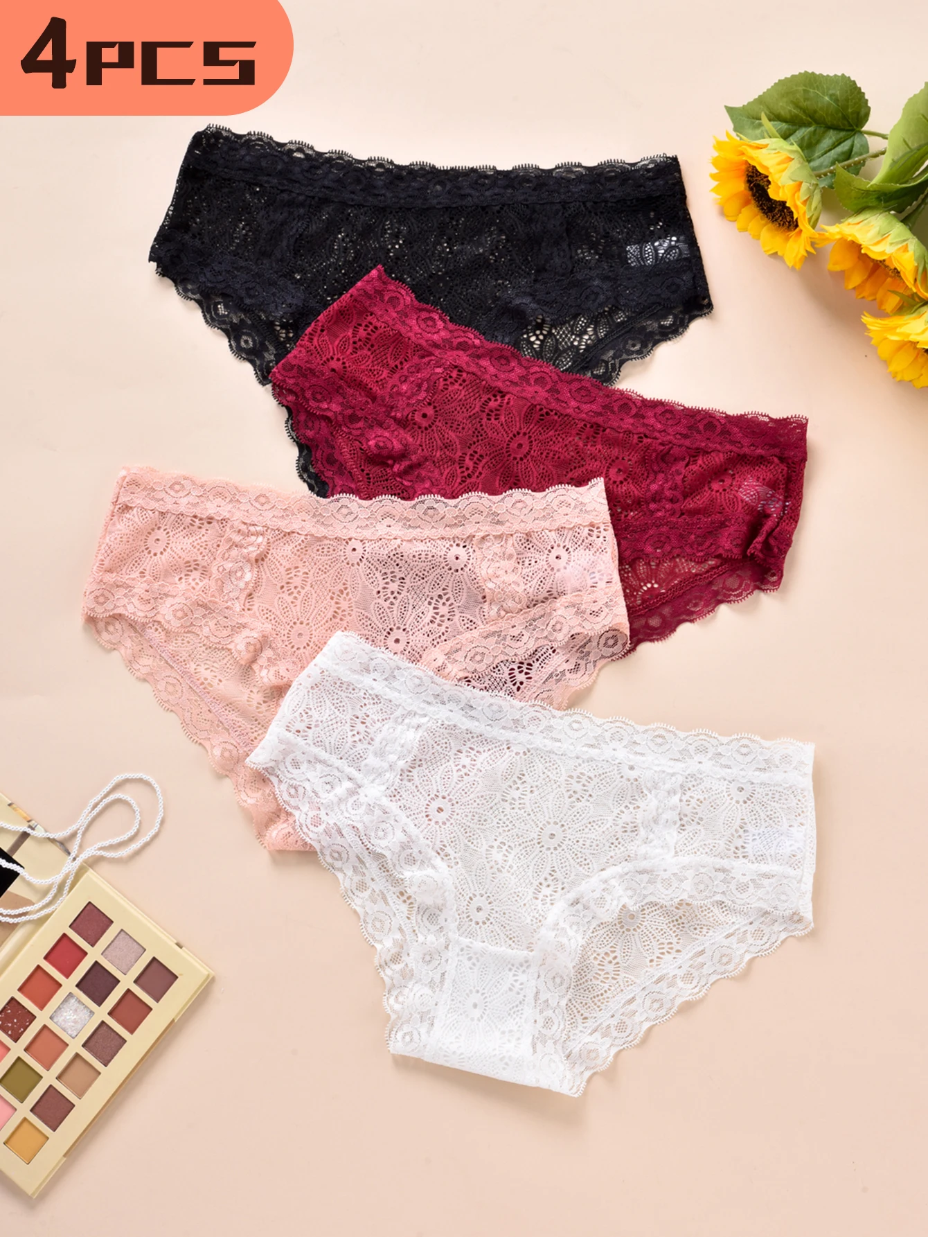 4Pcs Women's Sexy Lace Briefs Breathable Briefs Girls Sheer Floral Cut-outs Comfortable Solid Color Panties Women's Lingerie