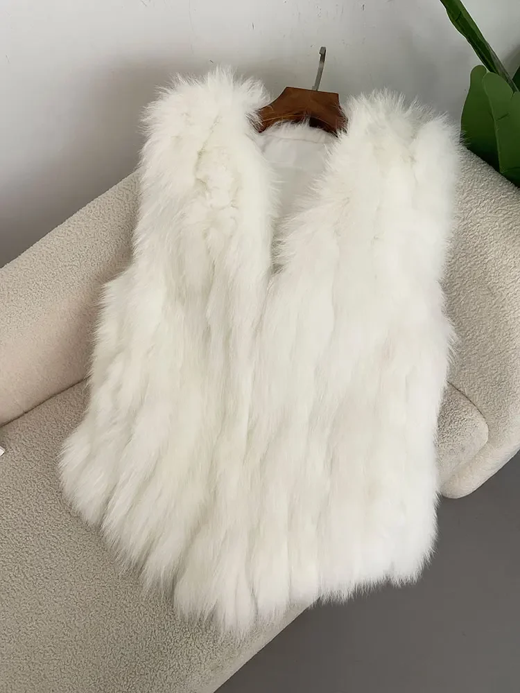 Fashion 2024 Winter Real Fox Fur Women Vest Natural Leathers Thick Warm Coat Sleeveless Double-faced Elegant V-neck Jackets