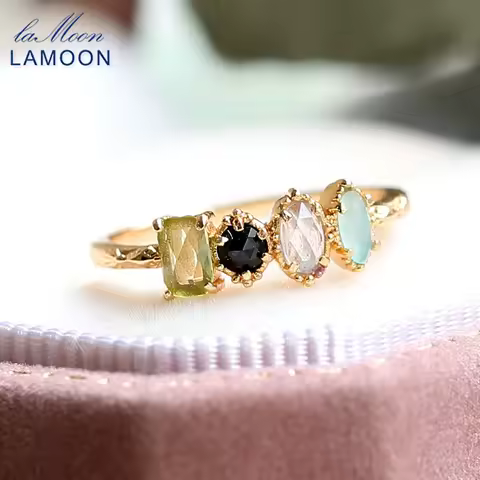 LAMOON Gemstone Rings For Women Natural Peridot Corundum Labradorite Amazonite Ring 925 Sterling Silver Gold Vermeil Jewelry