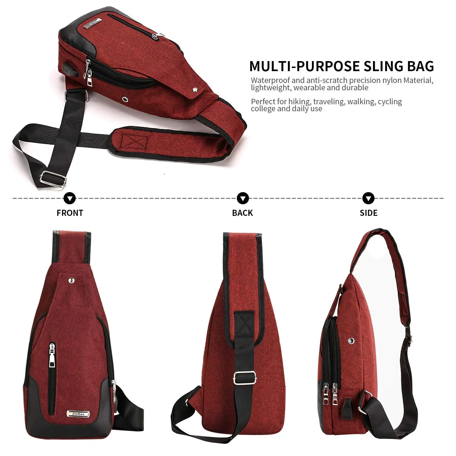 Mochila informal de lona ligera para hombre y mujer, bolso de hombro cruzado con puerto de carga USB