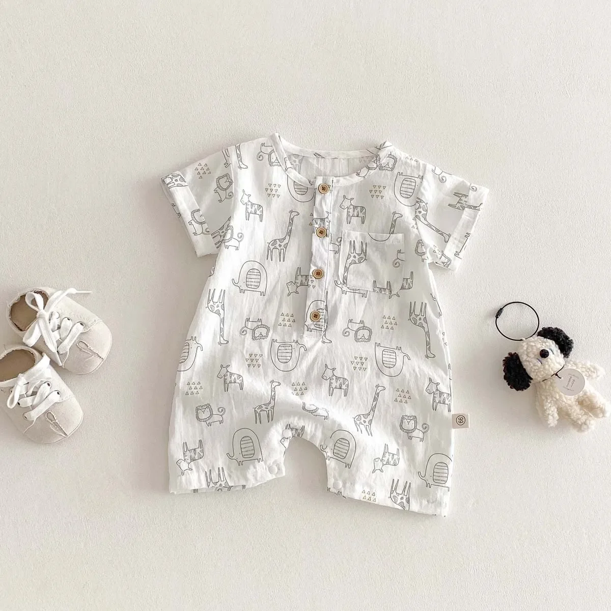 

Boys' Summer 2025 New One-piece Climbing Suit Cute Cartoon Printed Short Sleeved Pure Cotton Baby Clothes Thin