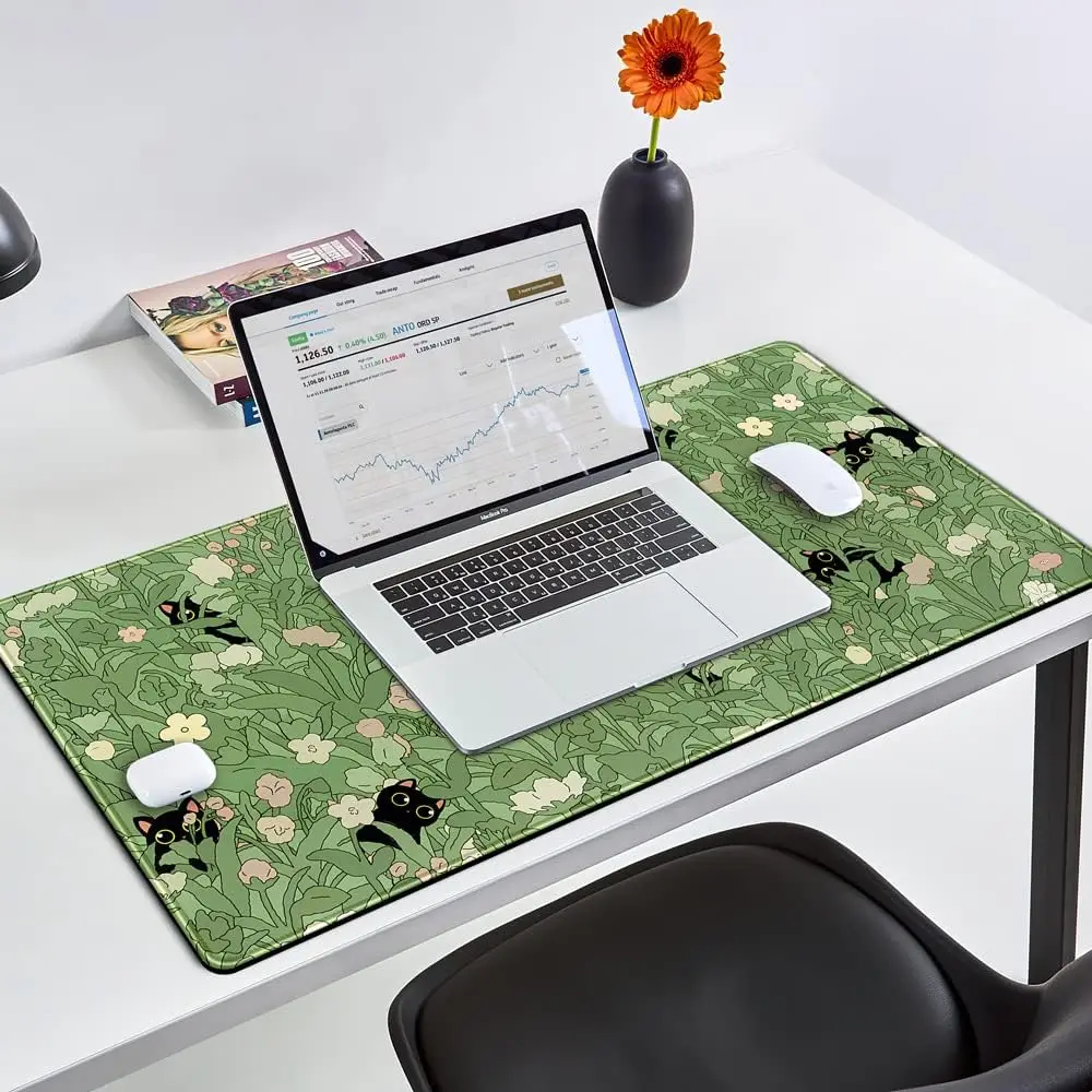 Cute Green Desk Mat, Kawaii Cat Mousepad Gaming Pc  Desk Pad Laptop Gamer Accessories Desk Stitched Edges Non-Slip Computer Mats