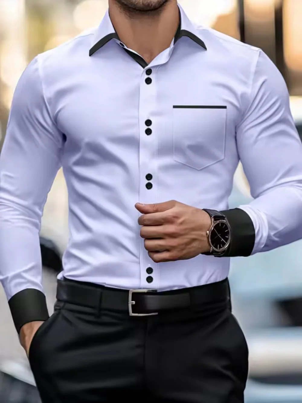 

Fashionable men's shirts, men's business casual long sleeved shirts, English style double button shirts, thin collared vacation