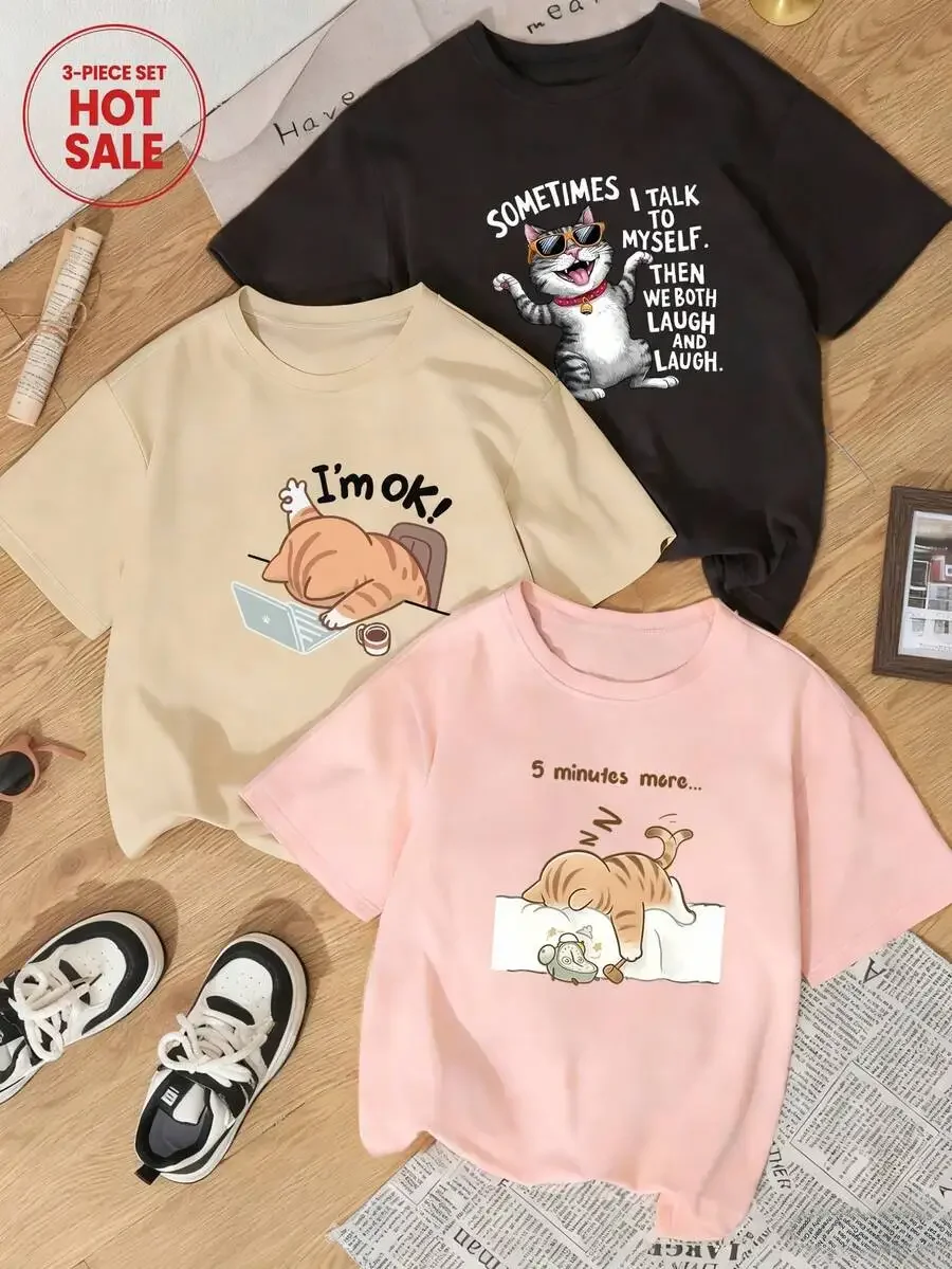 3Pcs Cute Cat Cartoon Graphic T Shirt Set Women Summer Kawaii Aesthetic Short Sleeve Top Pack Crew Neck Casual Loose Harajuku Clothes