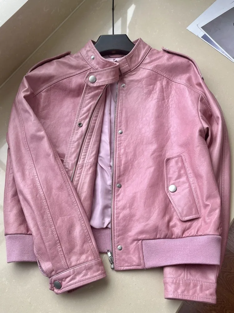 Street Style opstaande kraag echt leer ritsjack effen kleur schapenvacht losse dames lange mouwen single-breasted jassen