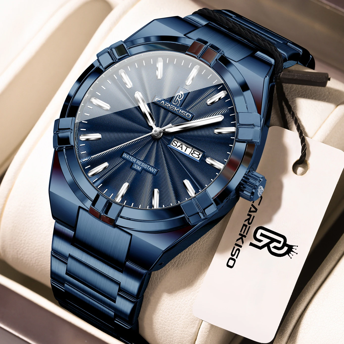 

CAREKISO Business Men Clock Date Week Waterproof Luminous Quartz Male Wristwatch Stainless Steel Fashion Men's Watches Reloj+Box