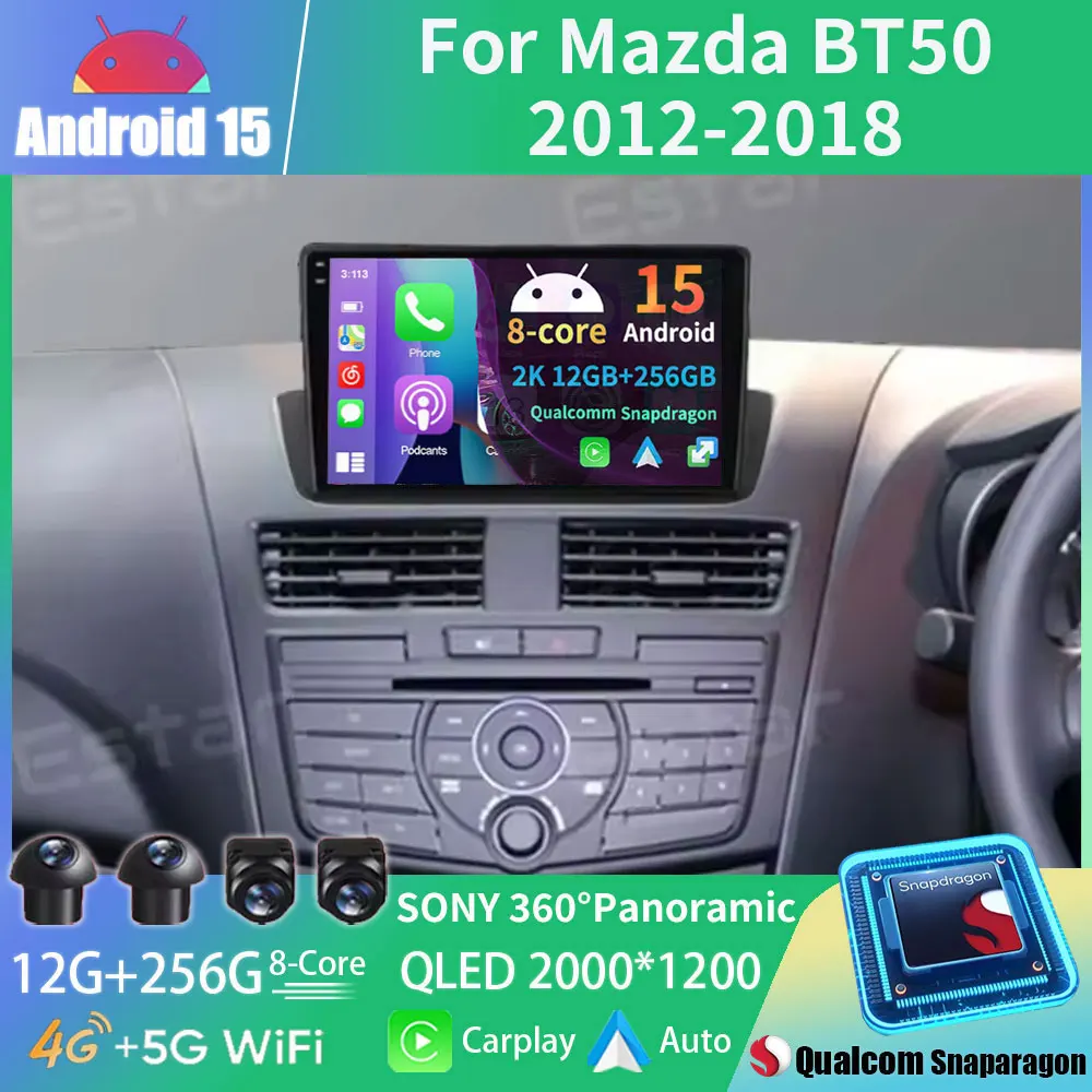 Android 15 Carplay Auto Qualcomm 2K QLED Screen Car Radio Player For Mazda BT50 2011 - 2020 GPS Multimedia Wifi 4G BT Navigation