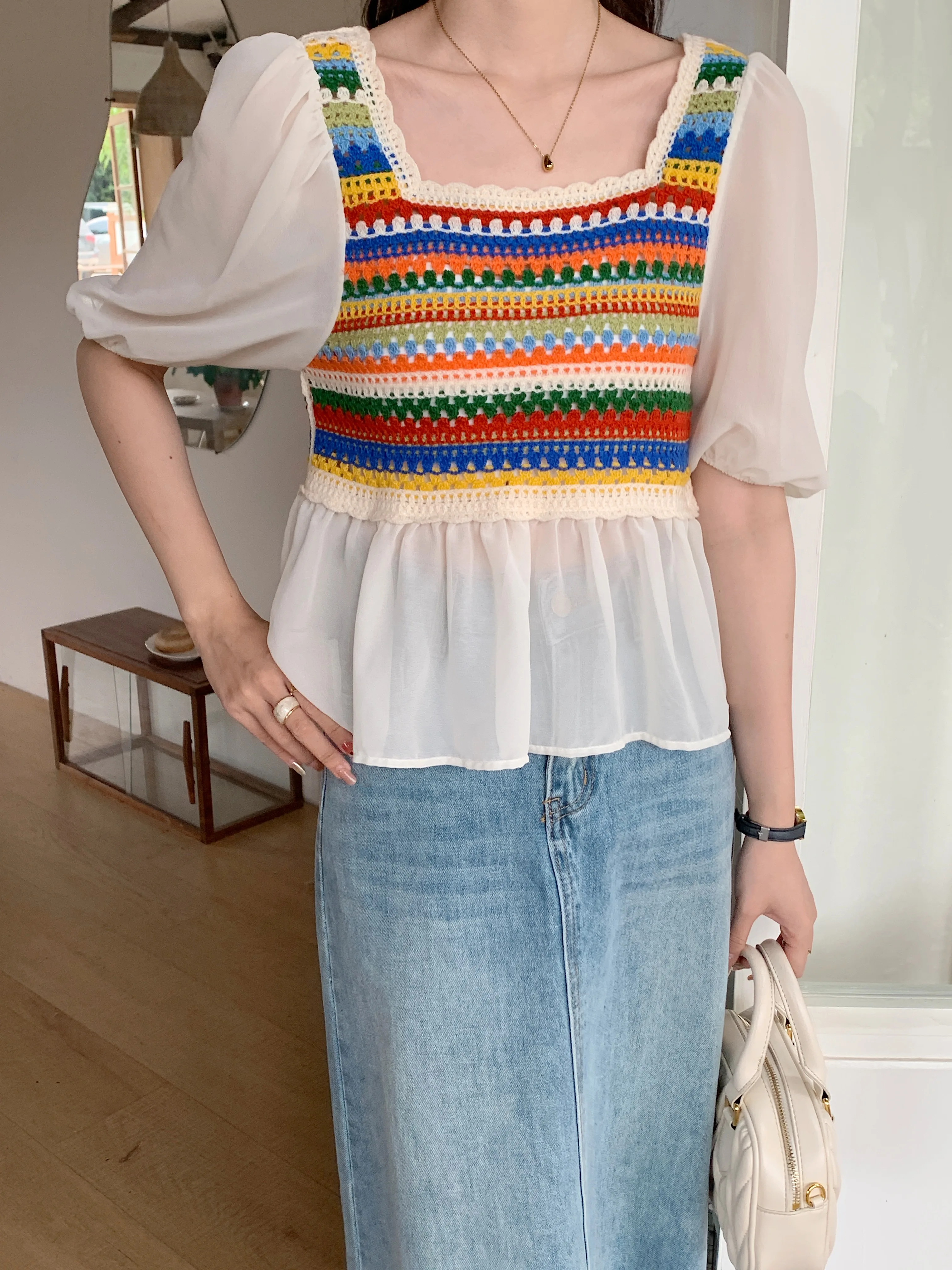 Rainbow Striped Crochet Knit Top for Women Square Neck Chiffon Half Sleeve Blouse Fairycore Cottagecore Spring Summer Outfit