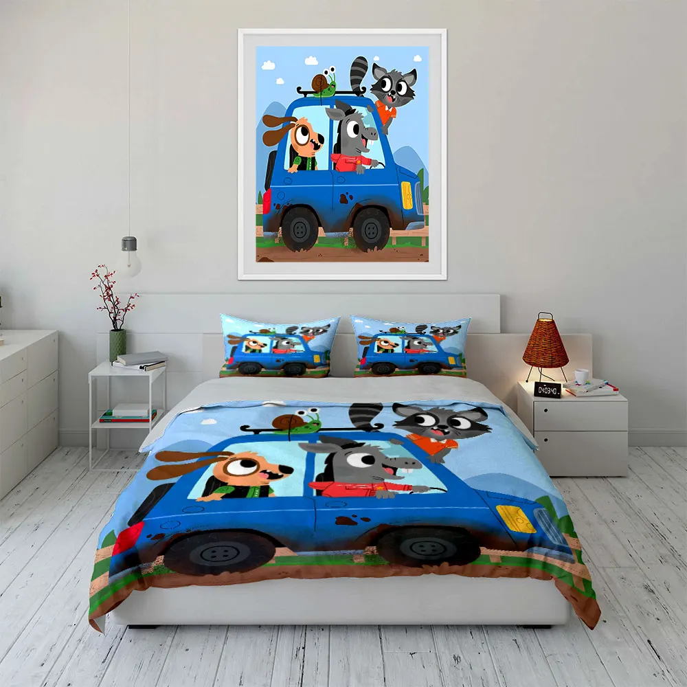 Animal friends driving blue muddy car Print Soft Comfortable Duvet Cover Bedding Set Included 1*Duvet Cover  2*Pillowcases