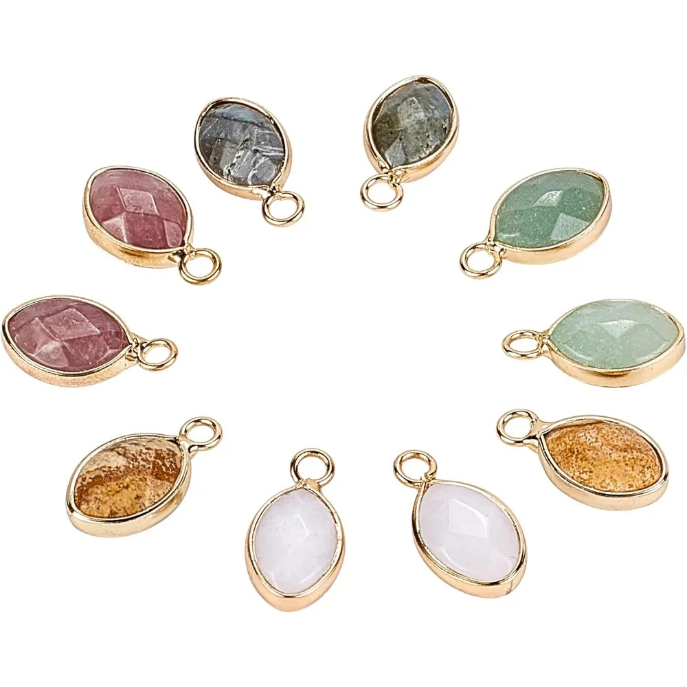 10 Pcs Gemstone Quartz Pendant, 5 Materials Stone Charms Faceted Teardrop Stone Pendants with Golden Tone Brass Open Back