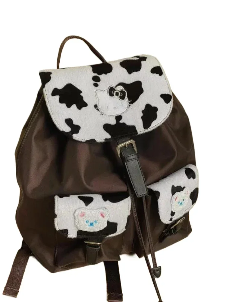 Sanrio Hello Kitty Backpack for Women Kawaii College Student Retro School Bag Large Capacity PU Leather Fashion Trend